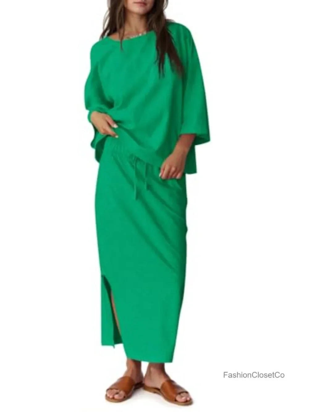2 Piece Skirt Set Oversized 3/4 Sleeve Top and Maxi Skirt Matching Outfits